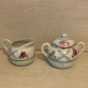 Vintage Japanese porcelain sugar bowl & creamer set Flowers & Gold Accents
